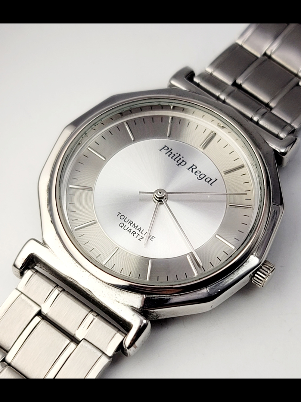 Vintage Philip Regal Octagon Case Quartz Unisex Watch Silver Integrated Bracelet
